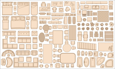 Icons set of interior (top view). Isolated Vector Illustration. Furniture and elements for living room, bedroom, kitchen, bathroom. Floor plan (view from above). Furnitu