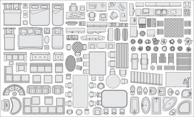 Icons set of interior (top view). Isolated Vector Illustration. Furniture and elements for living room, bedroom, kitchen, bathroom. Floor plan (view from above). Furniture store.