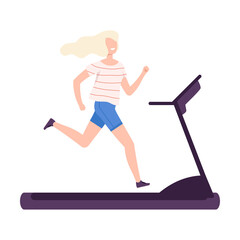 Young Woman Running on Treadmill, Girl Doing Sports in Fitness Club, Gym or Home, Active Healthy Lifestyle Flat Style Vector Illustration