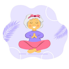 Sporty Granny does Yoga. Old person. Vector colorful cartoon illustration. Senior woman in pose yoga. Exercising for better health. Isolated flat image. Grandma. Grandmother character.