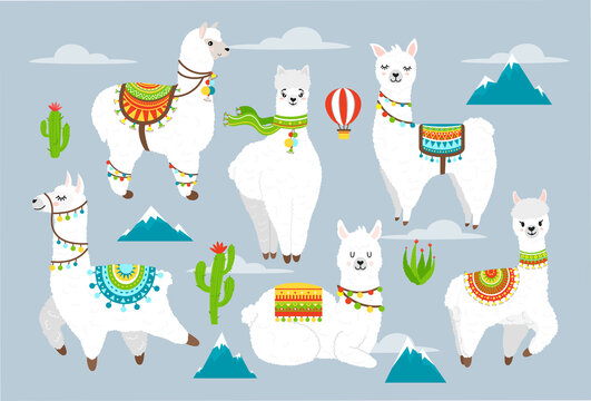 Vector set illustration of cute llama and alpaca with cactuses, mountains, balloon and clouds. Cartoon llama character illustration elements for poster, greeting, birthday card. Cute Alpaca.