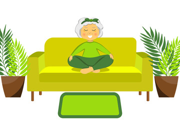 Obraz na płótnie Canvas Sporty Granny does yoga on a sofa. Old person. Vector colorful cartoon illustration. Senior woman in pose yoga. Exercising for better health. Isolated flat image. Grandma. Grandmother character.