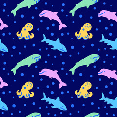 Ocean animal icons pattern. Fish and octopus seamless background. Sea life seamless pattern vector illustration