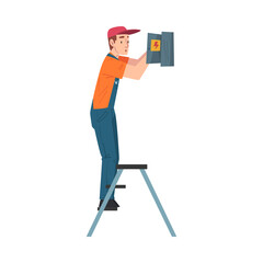 Male Electrician Engineer Operating Control Panel, Professional Worker Character in Uniform Repairing Electrical Equipment Cartoon Style Vector Illustration