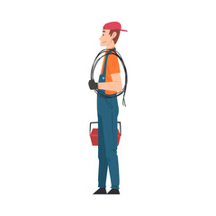 Male Electrician Engineer, Professional Worker Character in Uniform with Cable and Toolbox Cartoon Style Vector Illustration