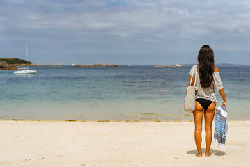 Woman relaxation in the beach, copy space