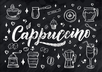 Hand lettering name of coffee with sketch for coffee shop or cafe. Hand drawn vintage typography phrase, isolated on white background