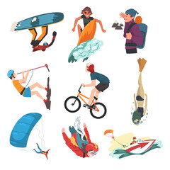 Extreme Sports Set, Snowboarding, Surfing, Hiking, Diving, Skateboarding, Roller Skating, Hobbies and Recreational Activities Cartoon Style Vector Illustration