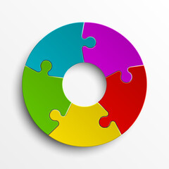 Puzzle five color piece business presentation. Circle infograph. 5 Step round process diagram. Section compare banner.