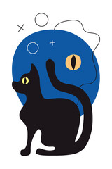 Vector greeting card with abstract night,eye of a black cat in flat style.Vertical greeting card with an animal for Halloween.Trendy background for a poster, flyer.Blue night, yellow eye and black cat