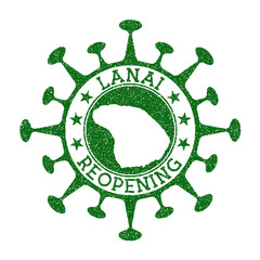Lanai Reopening Stamp. Green round badge of island with map of Lanai. Island opening after lockdown. Vector illustration.