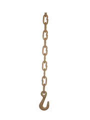 Steel rusty chain with a hook on the end isolated on a white background.