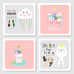 Set of Birthday greeting cards and party invitation templates with cute hand drawn elements. Vector illustration