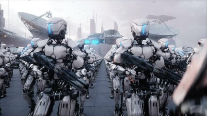 invasion of military robots. Dramatic apocalypse super realistic concept. Future. 4k animation.