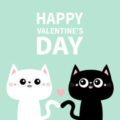 Happy Valentines Day. Cute black cat kitty kitten set. Pink heart. Kawaii cartoon character. Smiling face, tail. Baby greeting card tshirt notebook cover print. Blue background. Flat design
