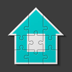 Puzzle house presentation. Home kit banner. Infographic template with explanatory text field for business statistics illustration
