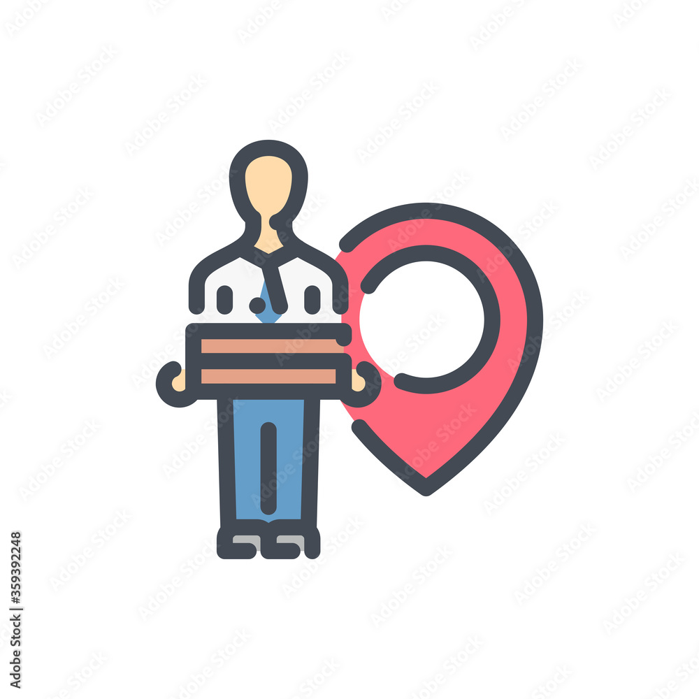 Poster courier with pizza and location pin color line icon. delivery man with pizza boxes vector outline co