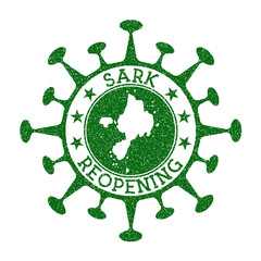 Sark Reopening Stamp. Green round badge of island with map of Sark. Island opening after lockdown. Vector illustration.