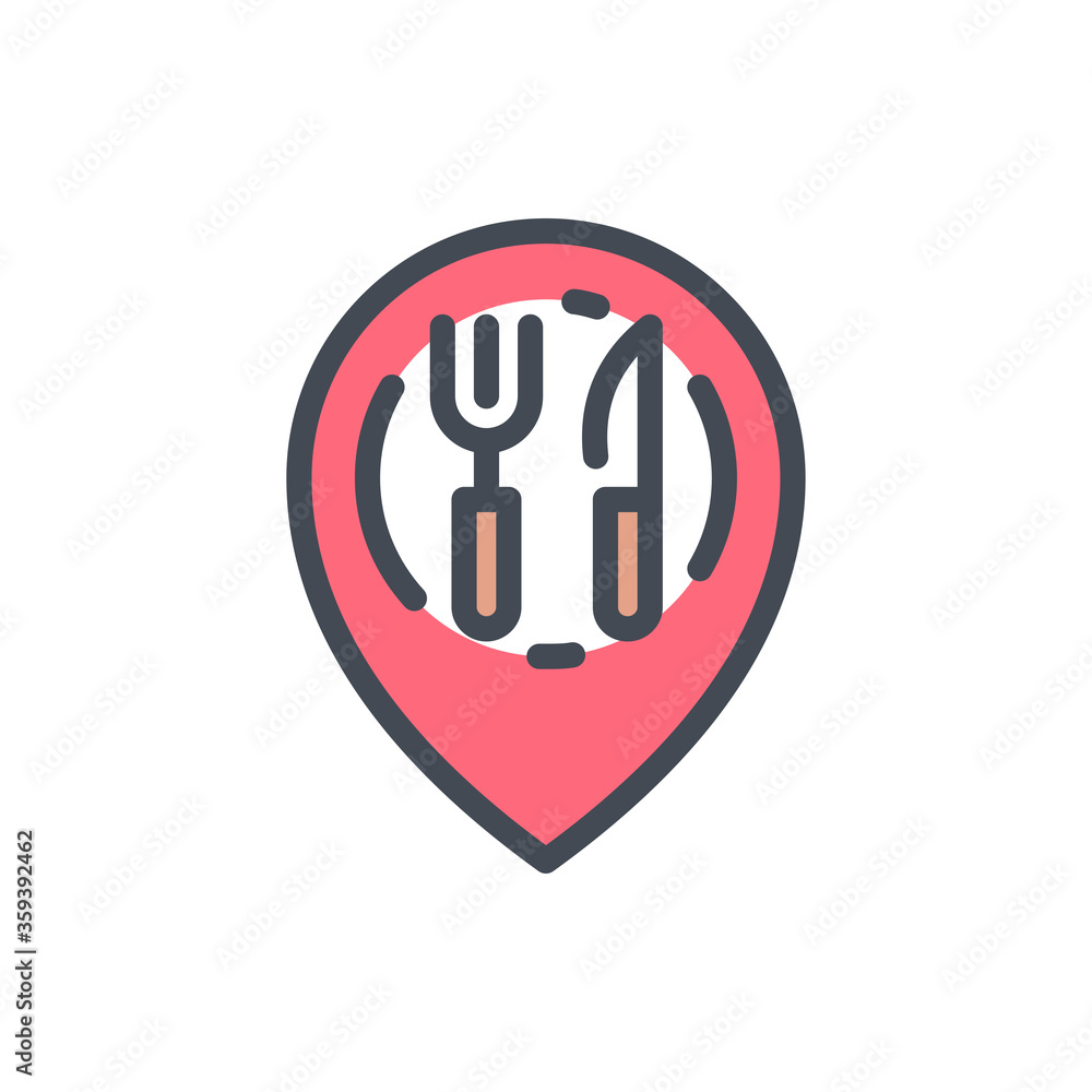 Poster food location pointer color line icon. cafe and restaurant pin vector outline colorful sign.