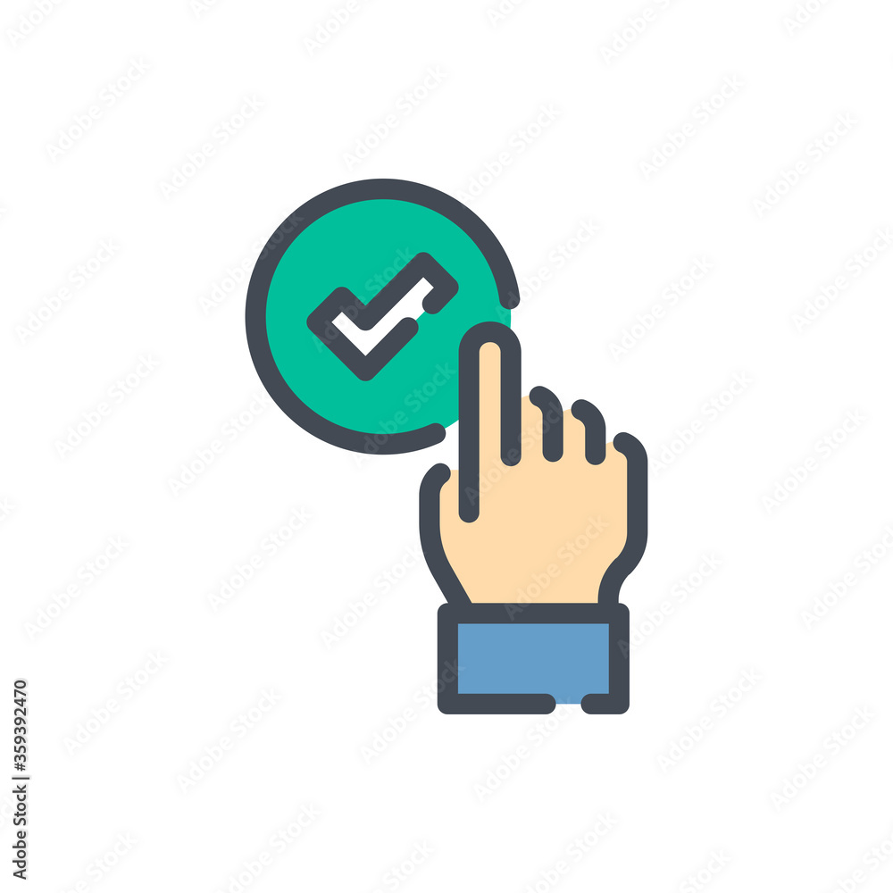 Poster correct selection color line icon. hand picking checkmark vector outline colorful sign.