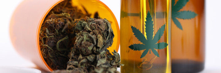 Closeup on table hemp oil and dried cannabis herb. Cannabis is an effective and safe treatment for multiple sclerosis. Improving the quality life with hemp. Increase in therapeutic dosage