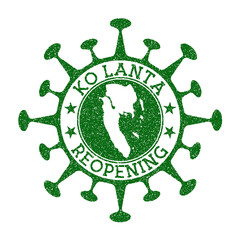 Ko Lanta Reopening Stamp. Green round badge of island with map of Ko Lanta. Island opening after lockdown. Vector illustration.