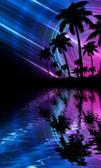 Fototapeta na wymiar Empty tropical background of night sea beach. Silhouettes of tropical palm trees on a background of bright sunset. 3d illustration