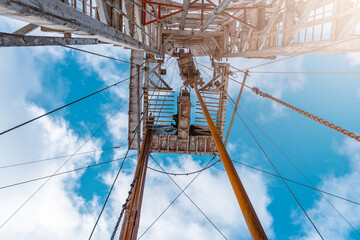 Drilling rig in oil field for drilled into subsurface in order to produced crude, inside view. Petroleum Industry. Onshore drilling rig