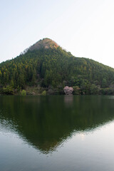 Fototapeta premium 湖に映り込む三角形の山