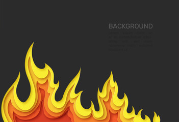Black poster with fire. Layered design in paper style. Place for text. Vector illustration