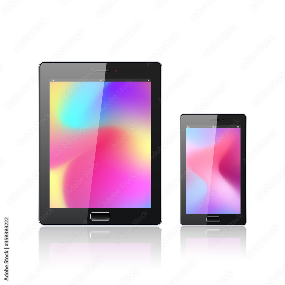 Poster modern digital tablet pc with mobile smartphone isolated on the white. abstract fluid 3d shapes vect