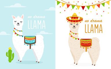 Vector Illustration of cute cartoon llama alpaca with clouds, cactuses, sombrero hat. Childish print for fabric, t-shirt, poster, cards, invitations, cases, patch and stickers. © MaryDesy