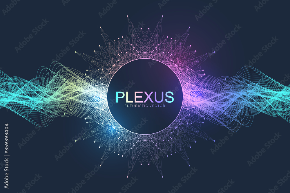 Poster Abstract geometric background with dynamic particles, wave flow. Big data, plexus stream background. Perspective data visualization with fractal element. Plexus flow style. Digital vector illustration