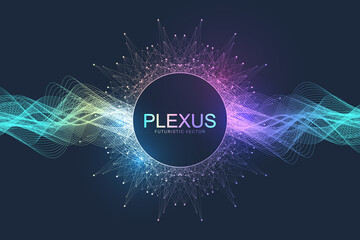 Abstract geometric background with dynamic particles, wave flow. Big data, plexus stream background. Perspective data visualization with fractal element. Plexus flow style. Digital vector illustration