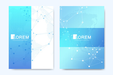 Modern vector template for brochure, leaflet, flyer, advert, cover, catalog, magazine or annual report. Business, science, medical design. Scientific cybernetic dots. Lines plexus. Card surface.