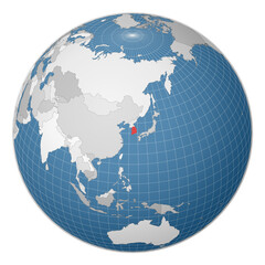 Globe centered on South Korea. Country highlighted with green color on world map. Satellite world projection. Stylish vector illustration.