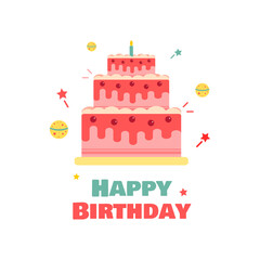 Happy bitrhday concept illustration. Birthday Party. Birthday cake. Celebration with strawberry cake. Strawberry cake in cute and flat style. Illustration vector.