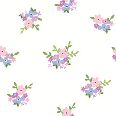 Colorful beautiful blue seamless floral pattern with Scandinavian bouquet on white background. 