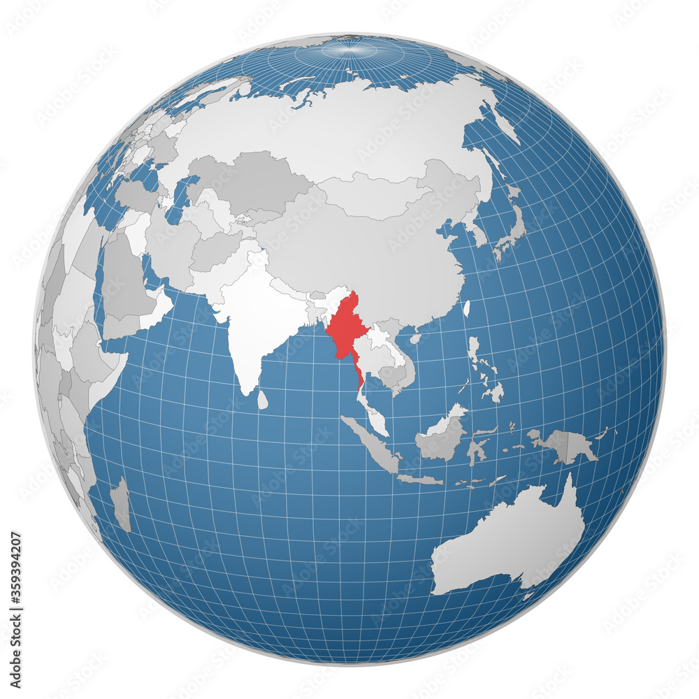 Poster globe centered on myanmar. country highlighted in green on world map. satellite world projection. el