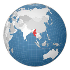 Globe centered to Myanmar. Country highlighted with green color on world map. Satellite world projection. Elegant vector illustration.