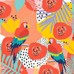 Tropical flowers and leaves background with parrots. Colorful summer vector illustration design. Exotic tropical art print for travel and holiday, fabric and fashion