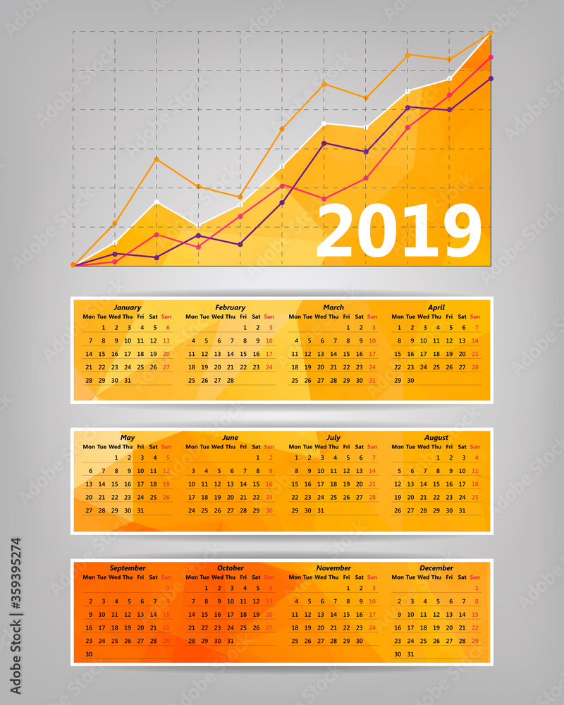 Poster 2019 calendar with business statistics chart showing different growing graphs