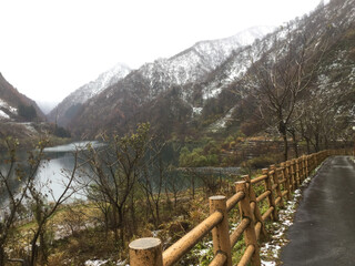 Snowy Unazuki Lake in Kurobe Gorge