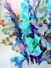 Abstract bright colored decorative background . Floral pattern handmade . Beautiful tender romantic bouquet of summer  flowers , made in the technique of watercolors from nature.