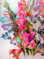 Abstract bright colored decorative background . Floral pattern handmade . Beautiful tender romantic bouquet of summer  flowers , made in the technique of watercolors from nature.