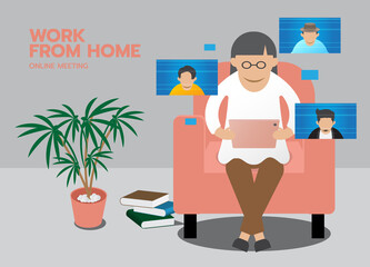 Remote meeting, Work form home online meeting, Conducting video conference with co-workers by using tablet computer via online technology at home.