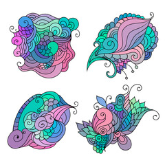 Fototapeta na wymiar Colorful zentangle doodle sketch. Set of tattoo sketches. Ethnic tribal wavy vector illustration.