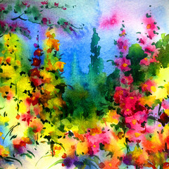 Obraz na płótnie Canvas Abstract bright colored decorative background . Floral pattern handmade . Beautiful tender romantic magic garden with flowers , made in the technique of watercolors from nature.