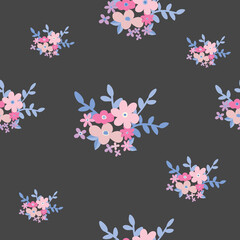 Colorful beautiful blue and pink seamless floral pattern with Scandinavian bouquet on black background. 