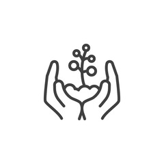 Hands holding plant line icon. linear style sign for mobile concept and web design. Sprout in a hand outline vector icon. Environment protection symbol, logo illustration. Vector graphics